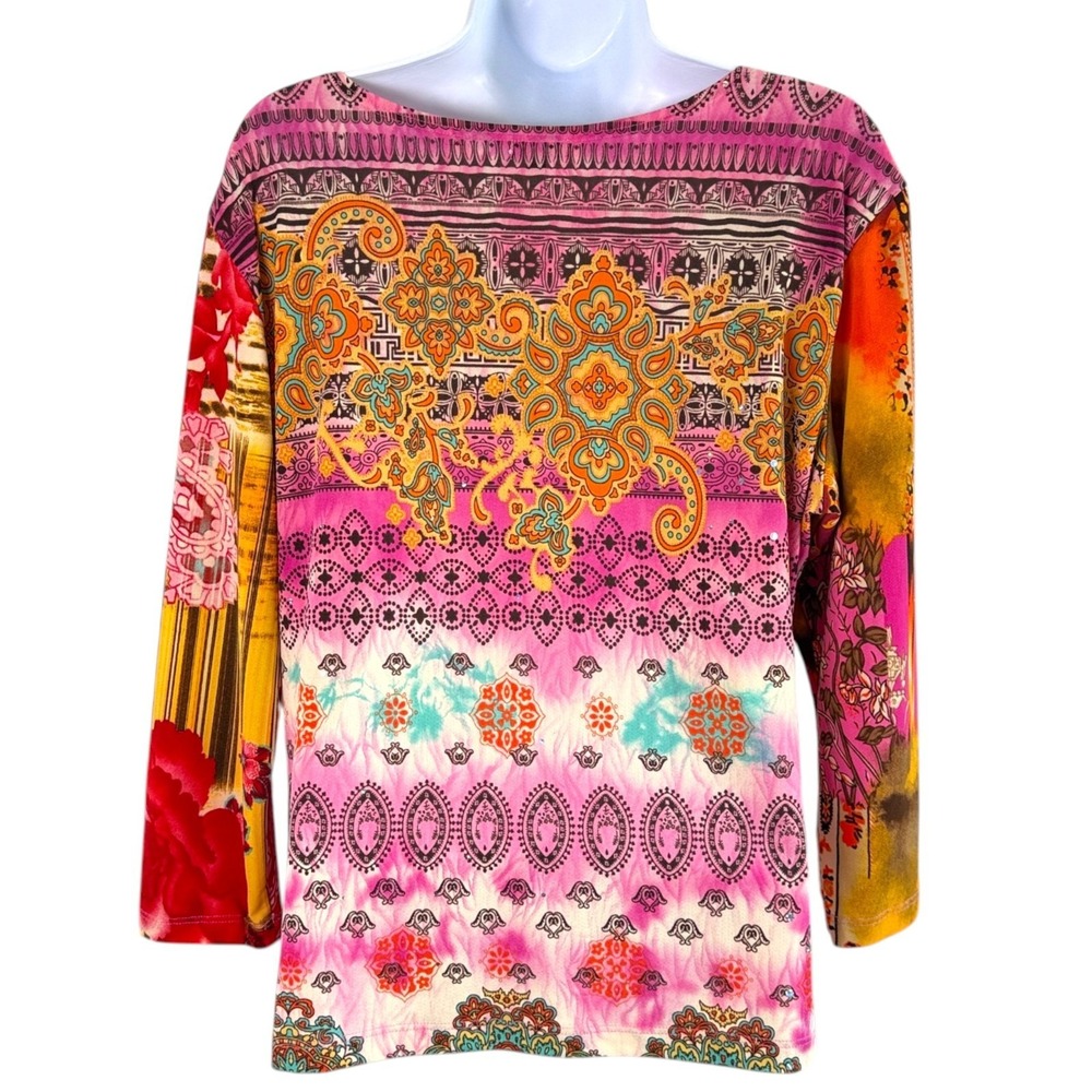 Y2K Caia Patchwork Print Top Sz XL Pink Stretch Boho Indie Hippie Cottage Folksy - Picture 4 of 8